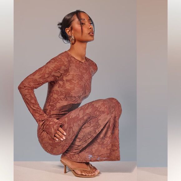 Pretty Little Thing Mocha Floral Sheer Burnout Maxi Dress Long Sleeve NEW Sz 12 - Picture 2 of 9